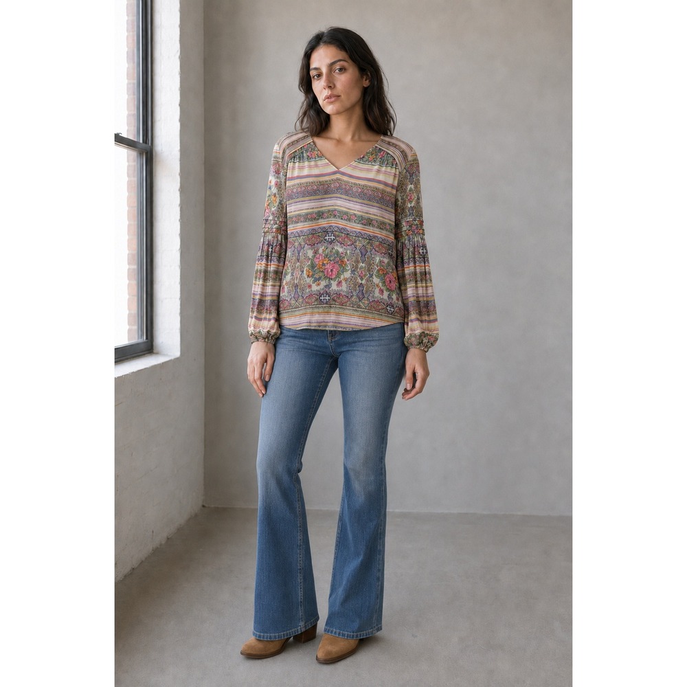 Maeve Anthropologie Blouse Sz S Multicolor Floral Stripe Balloon Sleeve Boho Top